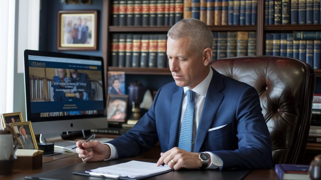 An attorney sitting at his desk surrounded by books