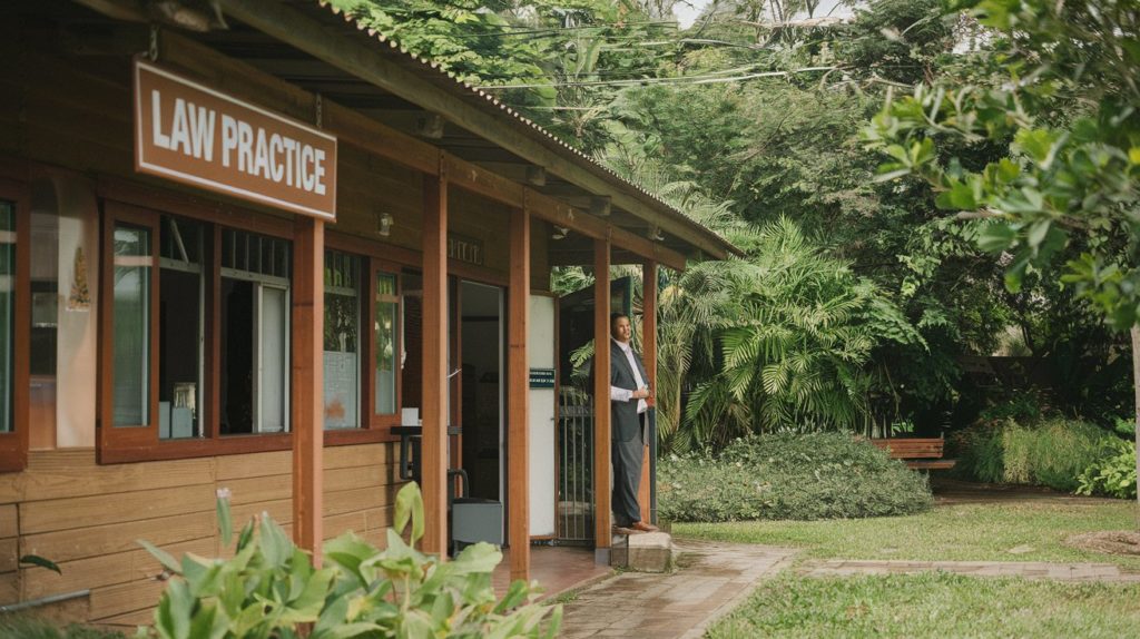 Image of wooden building with a sign that says law practice