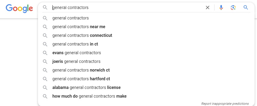 Image of a google search for General Contractor